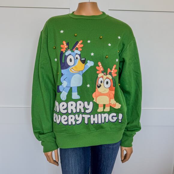 NWT-Bluey Christmas Crewneck Fleece Pullover Sweatshirt w Bells-Unisex SZ Small - Picture 1 of 7